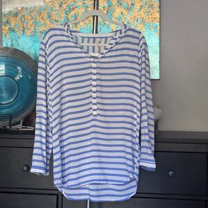 Grand&Greene Women’s Size M Roll Tab Sleeve Blue White Striped Rayon ResortWear